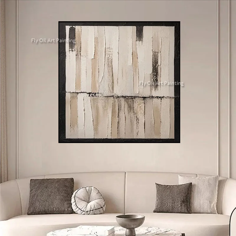 Neutral Beige Black Vertical Striped Canvas, Hand‑Painted Impasto Oil Painting, Wabi‑Sabi Geometric Square Wall Decor