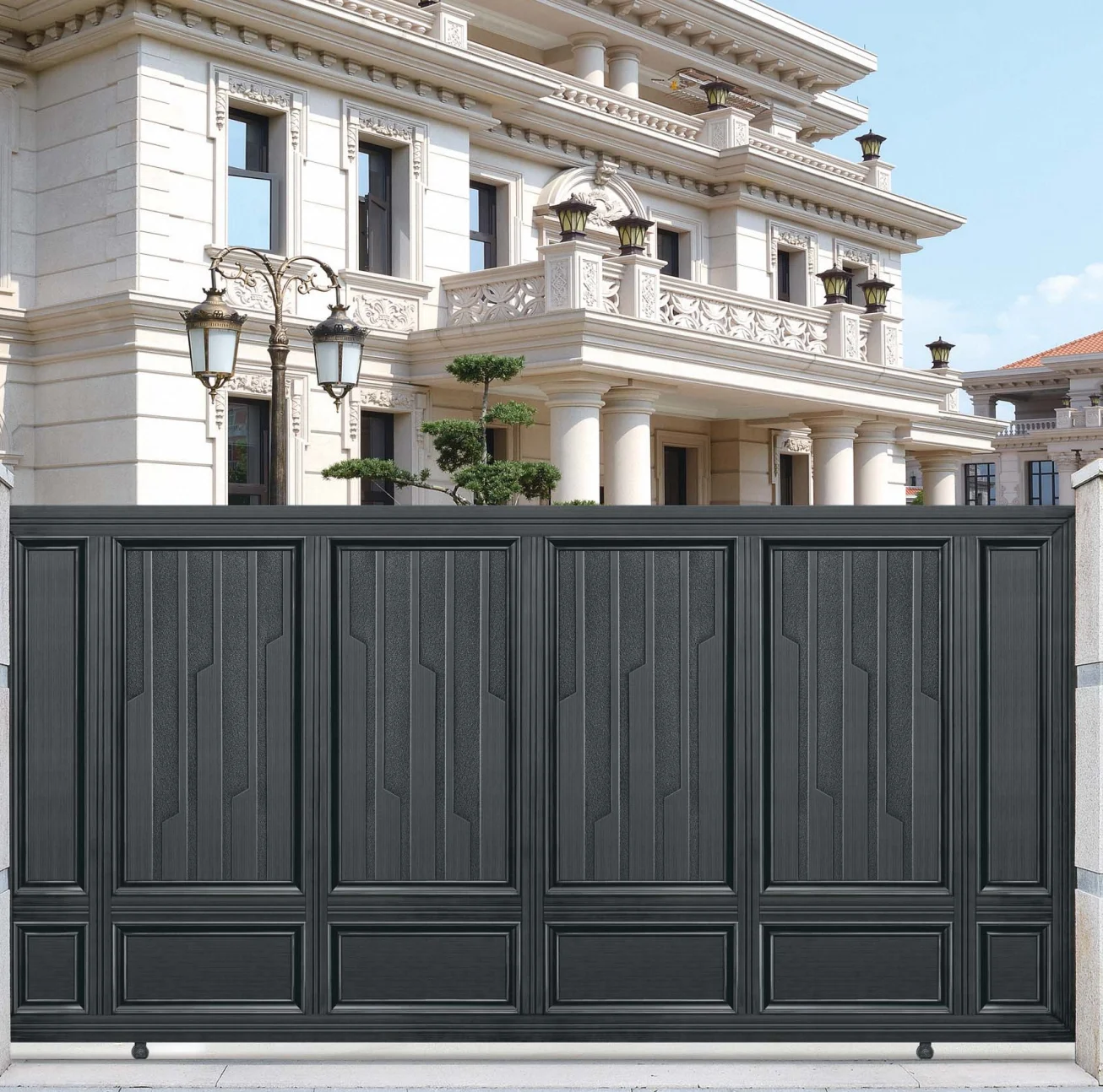Automatic Aluminum Swing Gate with Gold Accents Lattice Pattern Exterior Entry Villa Apartment Hotel Courtyard Use