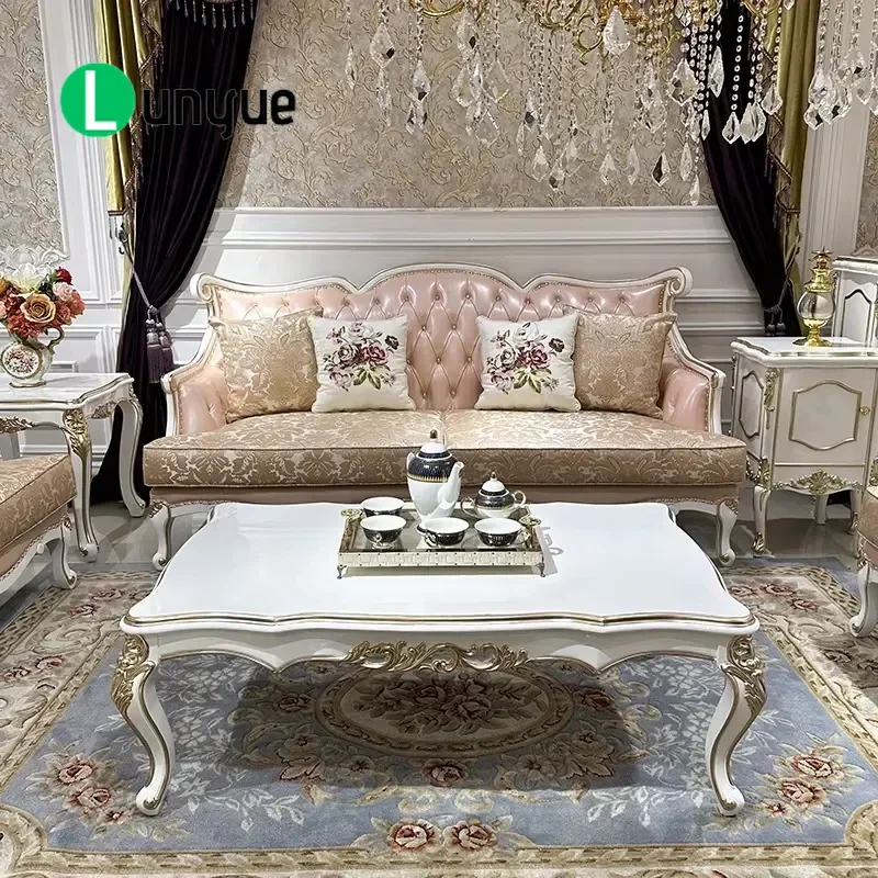 French Neoclassical 123 Sofa Set European Solid Wood Carved Floral Embroidery Leather Fabric Villa Living Room Furniture