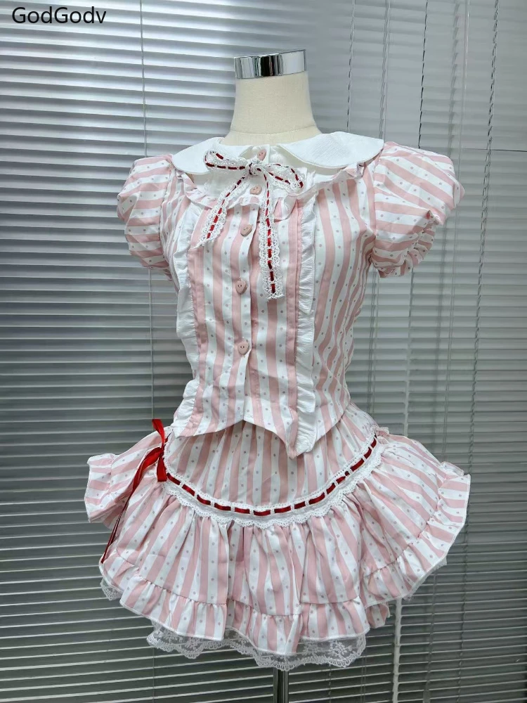 

Y2k Sweet Kawaii Lolita Elegant 2 Piece Set Women Preppy Style Stripe Design Mini Skirt Suit Female Princess Cute Chic Outfits