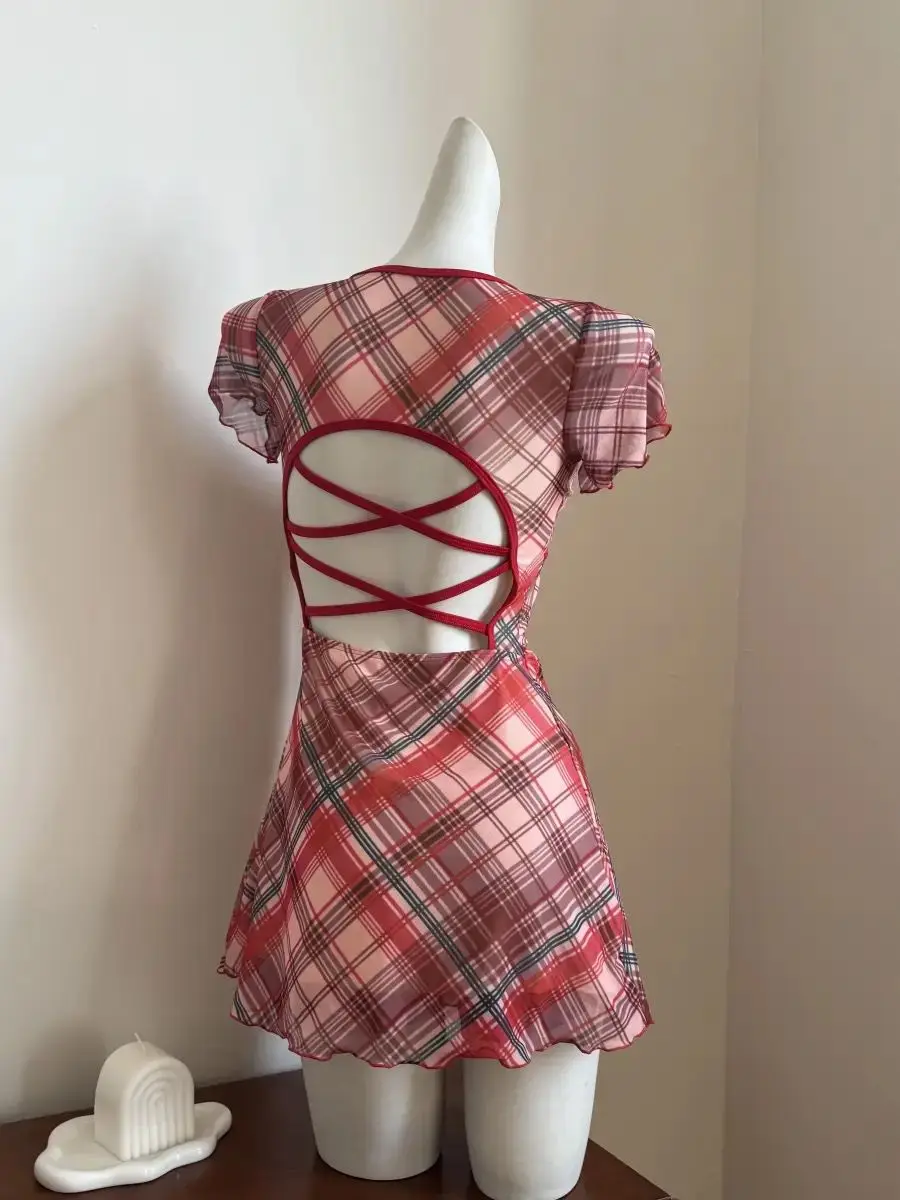 Harajuku a cuadros moda Vintage vestido trajes de baño vacaciones playa Chic Y2k traje de baño estético Sexy vacaciones Casual traje de baño de una pieza