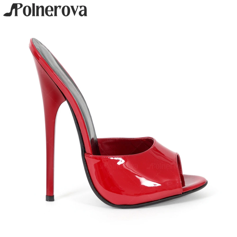 

16cm Red Patent Leather Extreme Mules Sexy Peep Toe Lacquered Empire High Heels Fashion Customizable in Multiple Colors Slippers