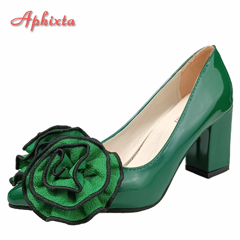 Aphixta New 7cm Square Heel Patent Leather Shoes Women Pumps Dark Green Flowers Officile Pointed Toe Plus Size 49 50