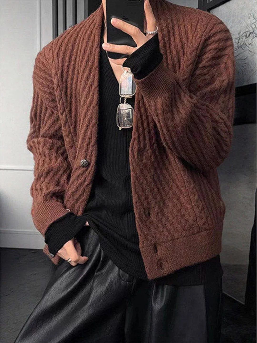 

Men's Luxury Knitted Cardigan Sweater with Linen Pattern Soft Polyester Fabric Long Sve V-Ne Coat for Autumn And Winter