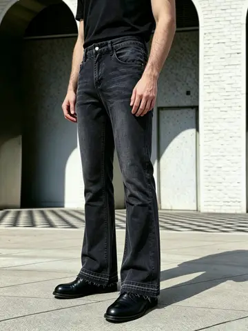 Men Pants Jeans Clothing Denim Trousers Men's Black Washed Frayed Hem Flared Bootcut Denim Jeans