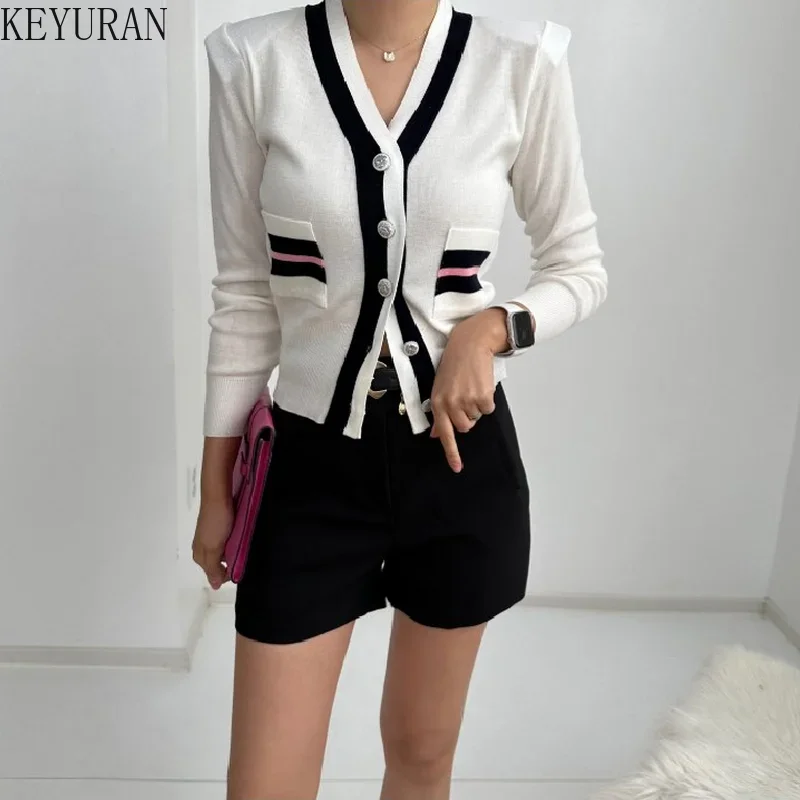 2024 Autumn Striped Sweater Women Korean Chic Color Matching Button V-neck Slim Long Sleeve Crop Top Y2k Knitted Cardigan Jacket