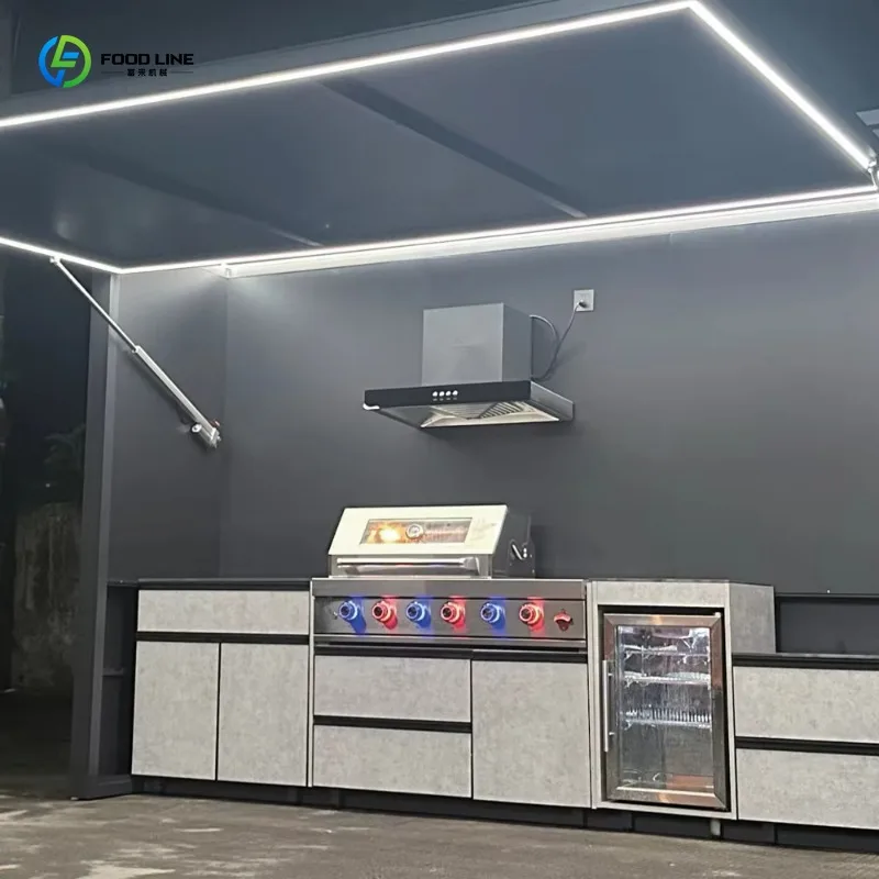 Customized luxury one-stop outdoor grill kitchen with refrigerator, sink, lockers and retractable doorway