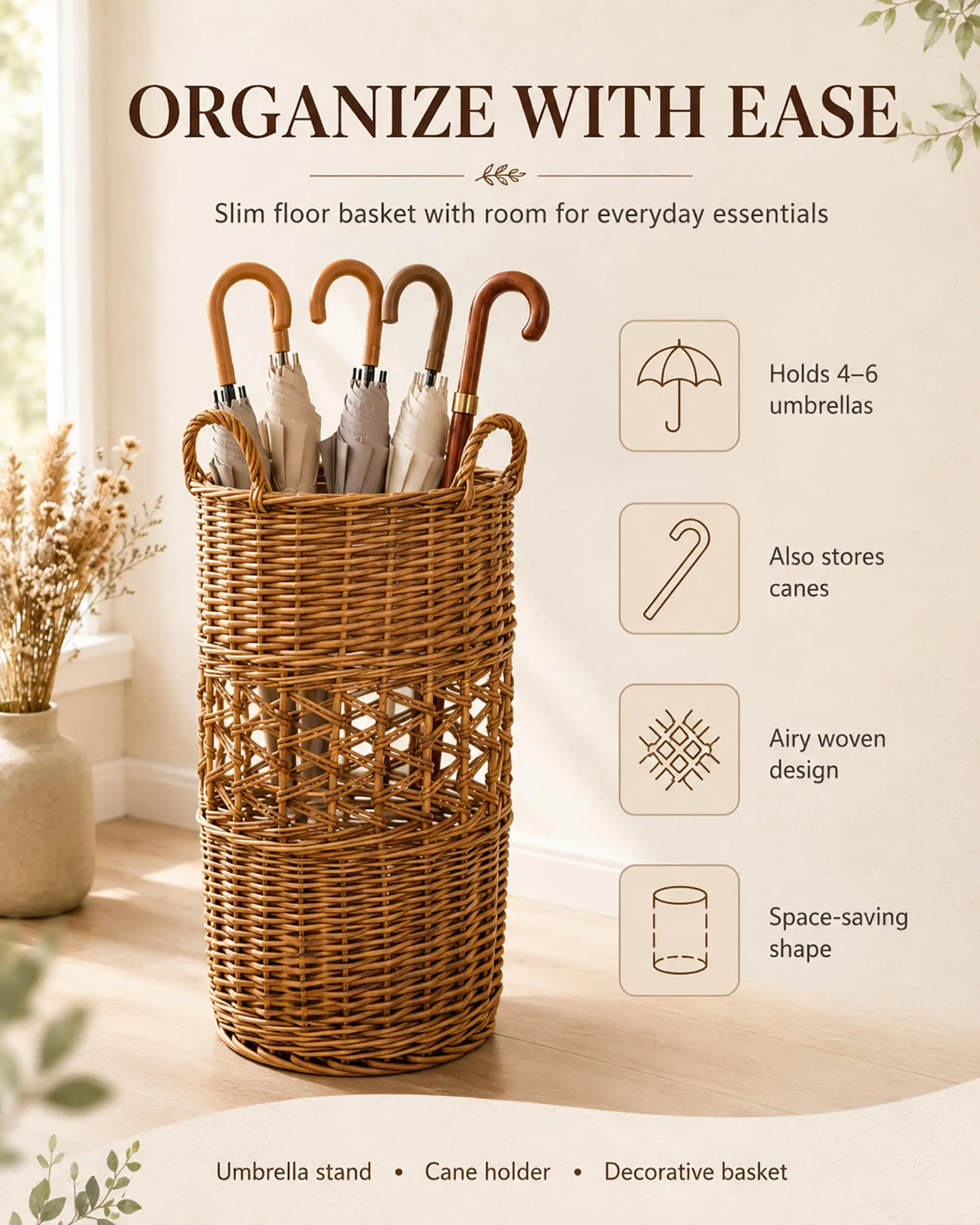 Rattan Umbrella Basket for Entryway, Wicker Flower Basket for Living Room