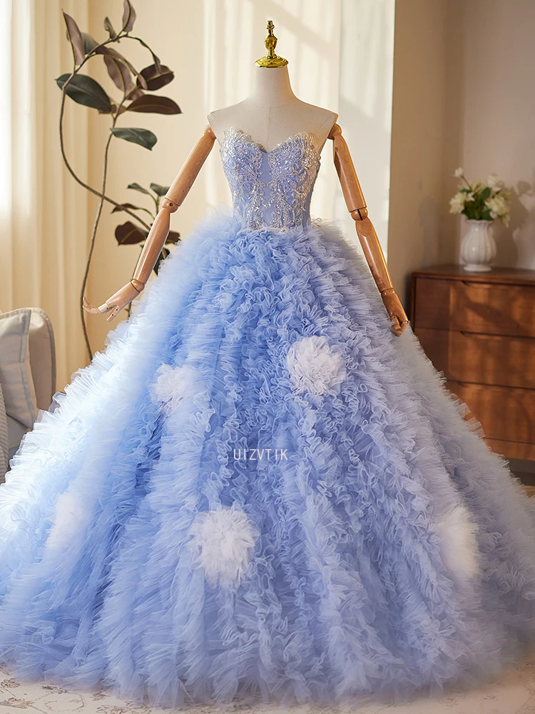 Luxury Strapless Blue Ruffle Ball Gown Elegant Tulle Wedding Photography Dress Customized Party Evening Special Occasions Gown