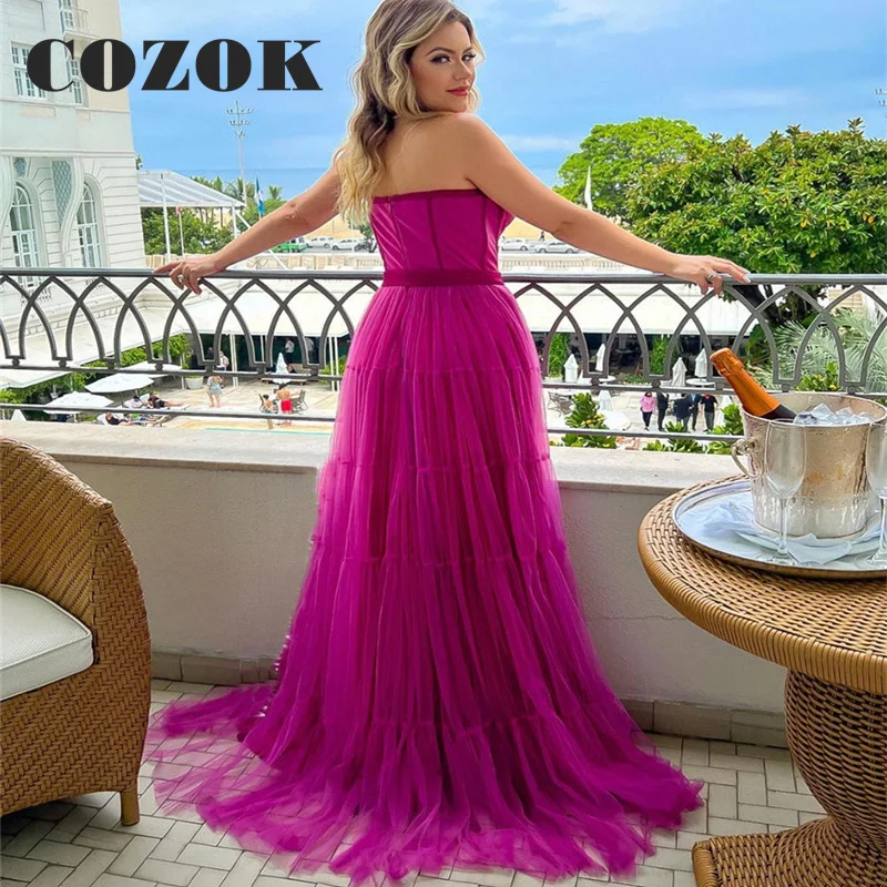 Illusion Fuchsia Tiered Tulle Long Prom Dresses Sweetheat A Line Formal Party Women Gowns Vestido De Gala Custom LF20