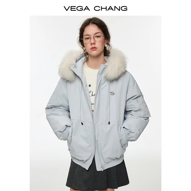 سترة نسائية شتوية جديدة من Vega Chang بياقة من فراء الراكون المخملي #1