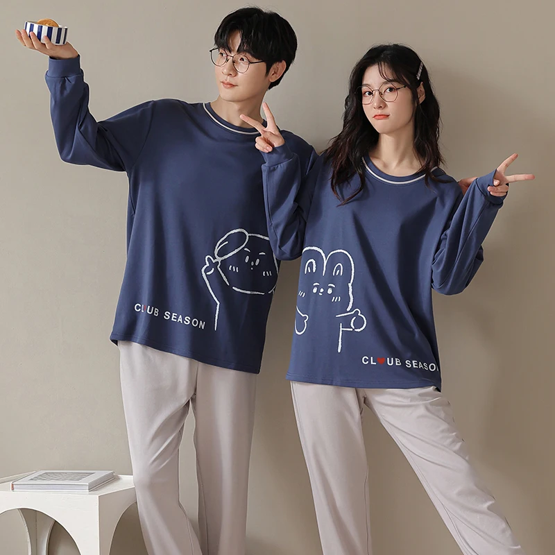 Blue couple's pajamas casual set long sleeved round neck all cotton men's and women's home wear spring and autumn M-3XL