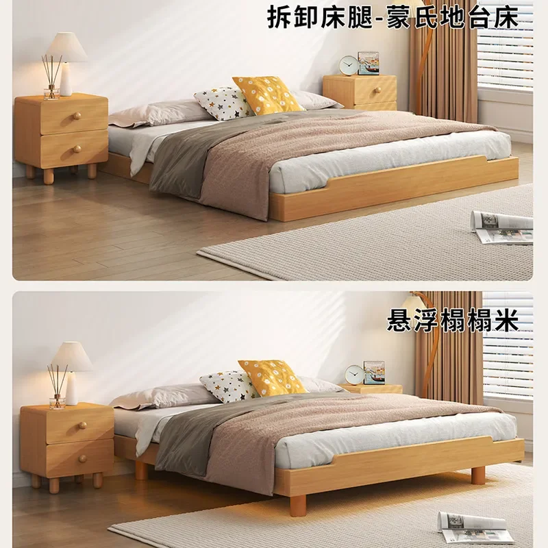Modern Solid Wood Bed Frame Headless Design Low Profile Log Style Suspended Tatami Platform Bed with 1.8m Slatted Base for