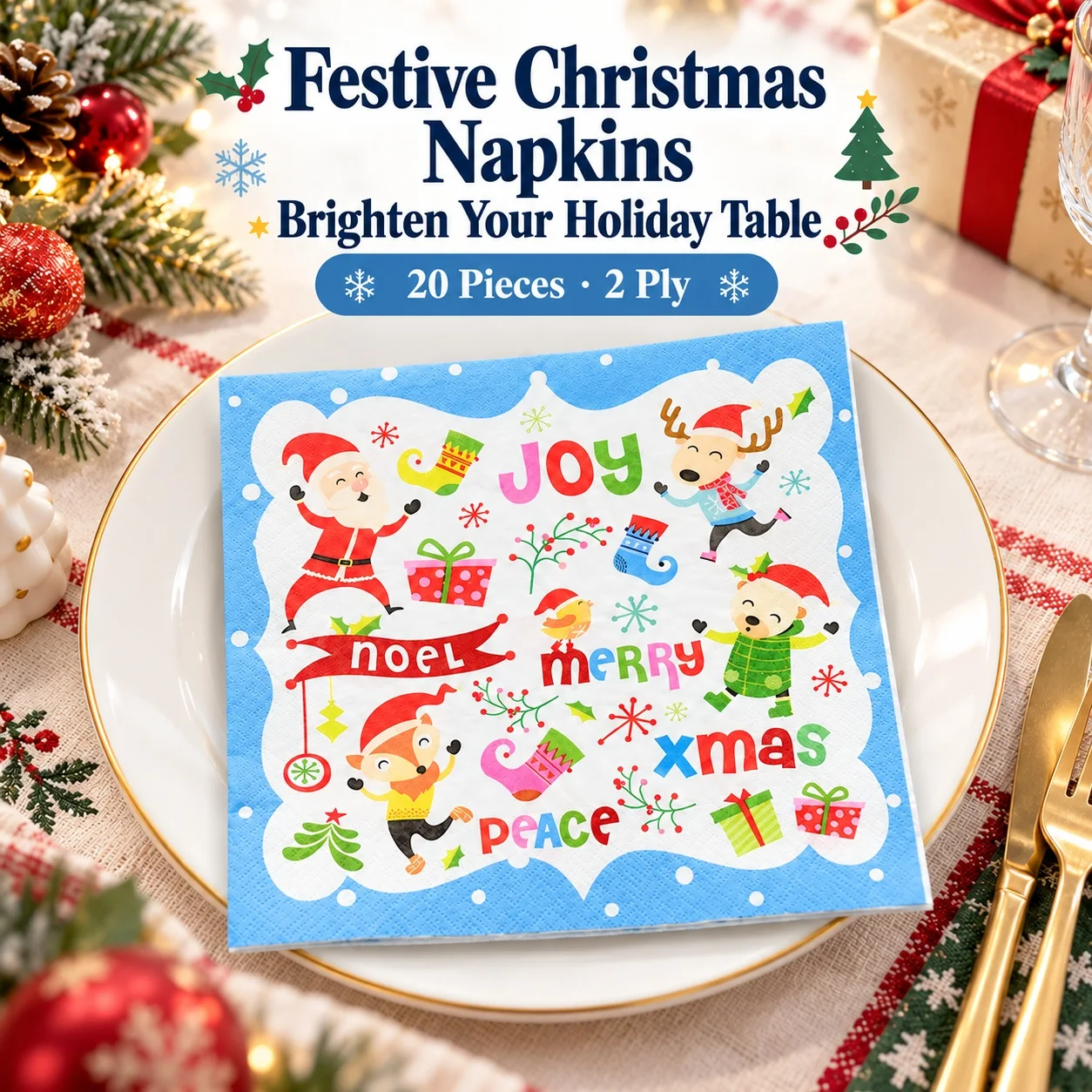 20pcs Christmas Paper Napkins 2 Ply Santa Reindeer Blue Border 33x33cm for Holiday Dinner Party Table Decoration