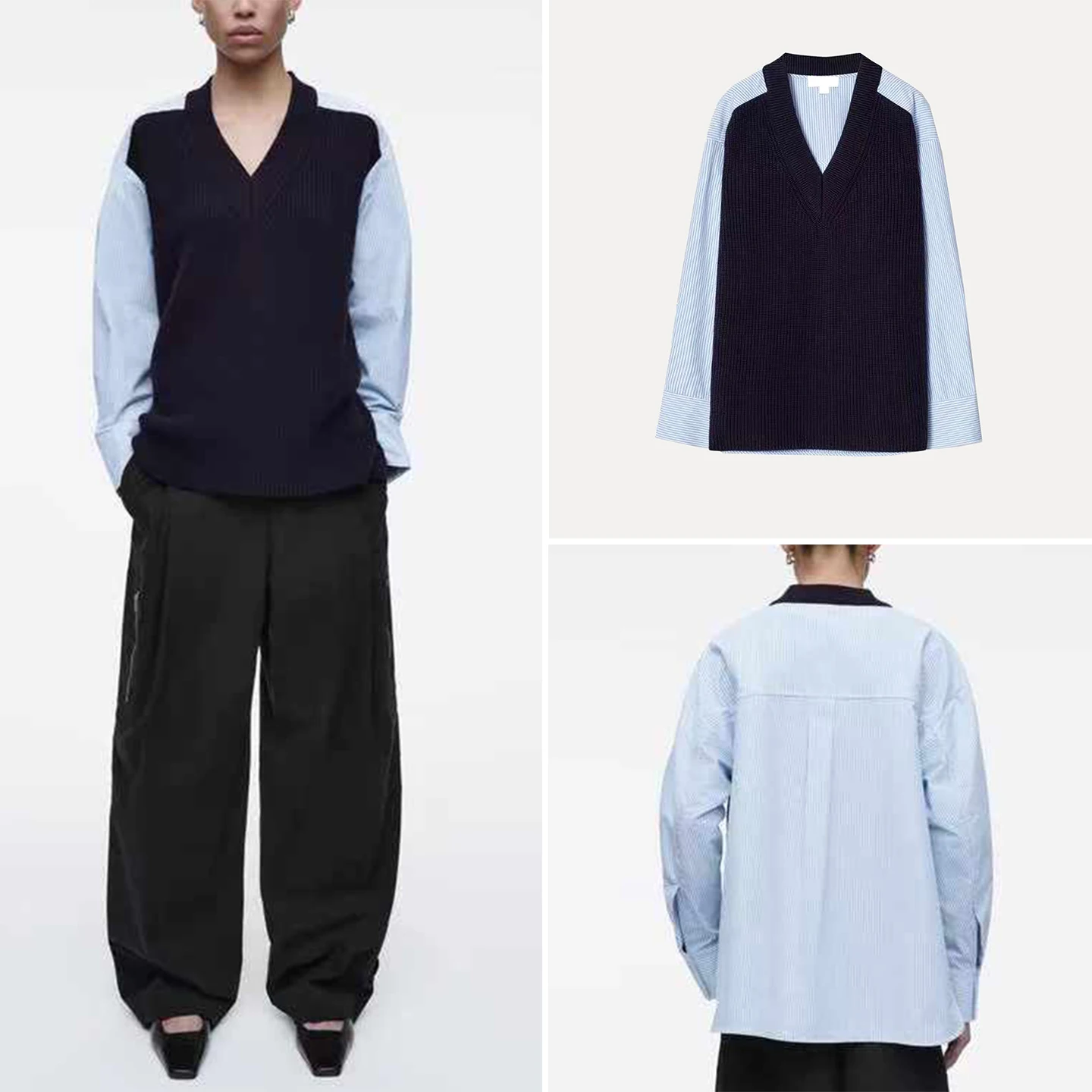 

Модный свитер с V-образным вырезом и деконструированным пэчворком, женский, весна 2026, новинка, свободный крой, с длинными рукавами, вязаный джемпер с круглым вырезом