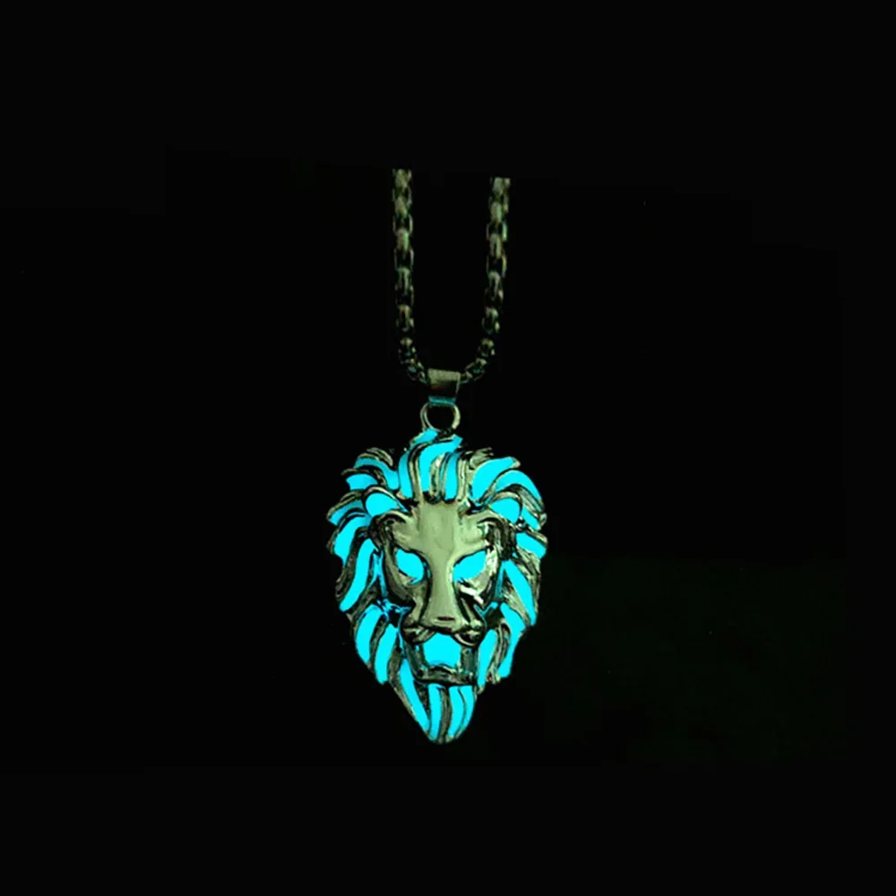 Personality Animal Lion Head Punk Luminous Glow In The Dark Lion Pendant Necklace with Stainless Steel Chain for Halloween Club