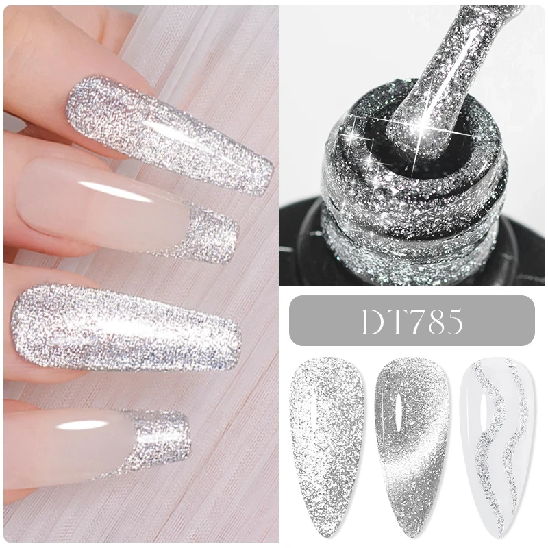 MEET ACROSS 3 IN 1 Silver Reflective Cat Magnetic Gel Nail Polish Painting Gel Semi Permanent Varnish Soak Off UV Gel Nail Art