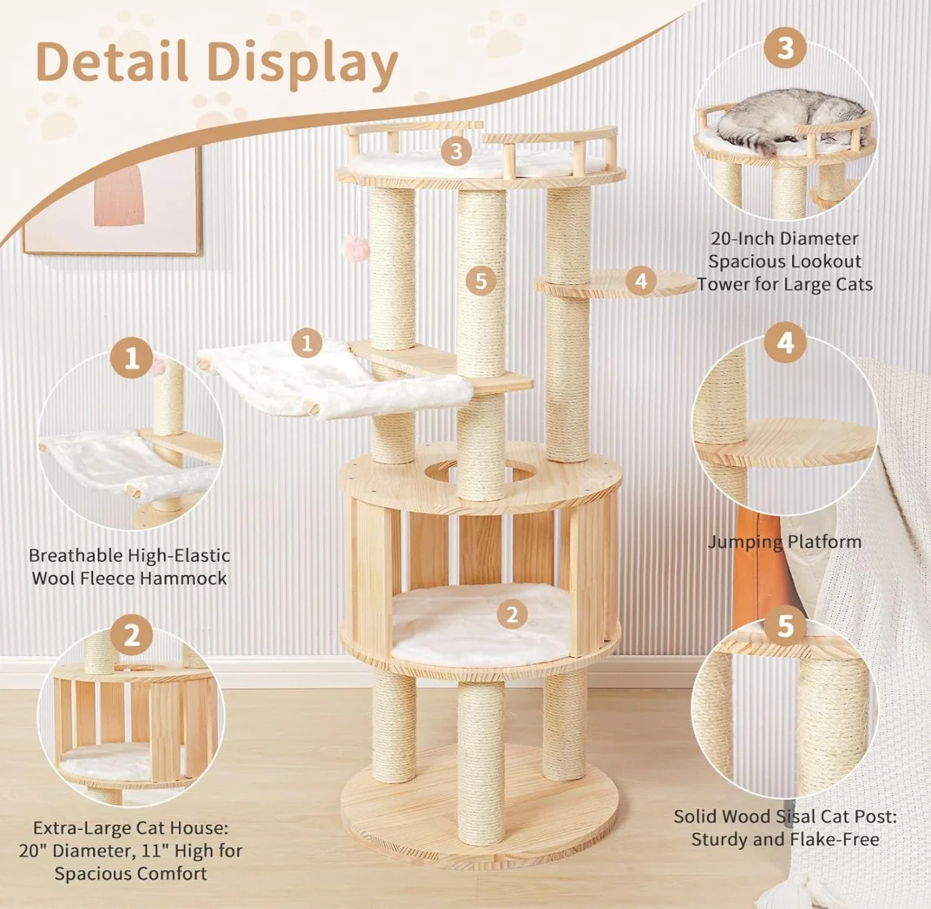 Modern Luxury Cat Climbing Frame Wood Furniture with Ball & Mouse Hammock-Best Choice for Small Apartment Cats