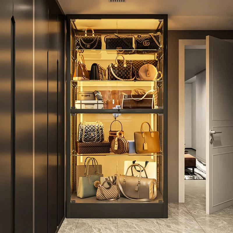 

Floor-to-ceiling shelves, household bedroom storage leather bag display cabinet