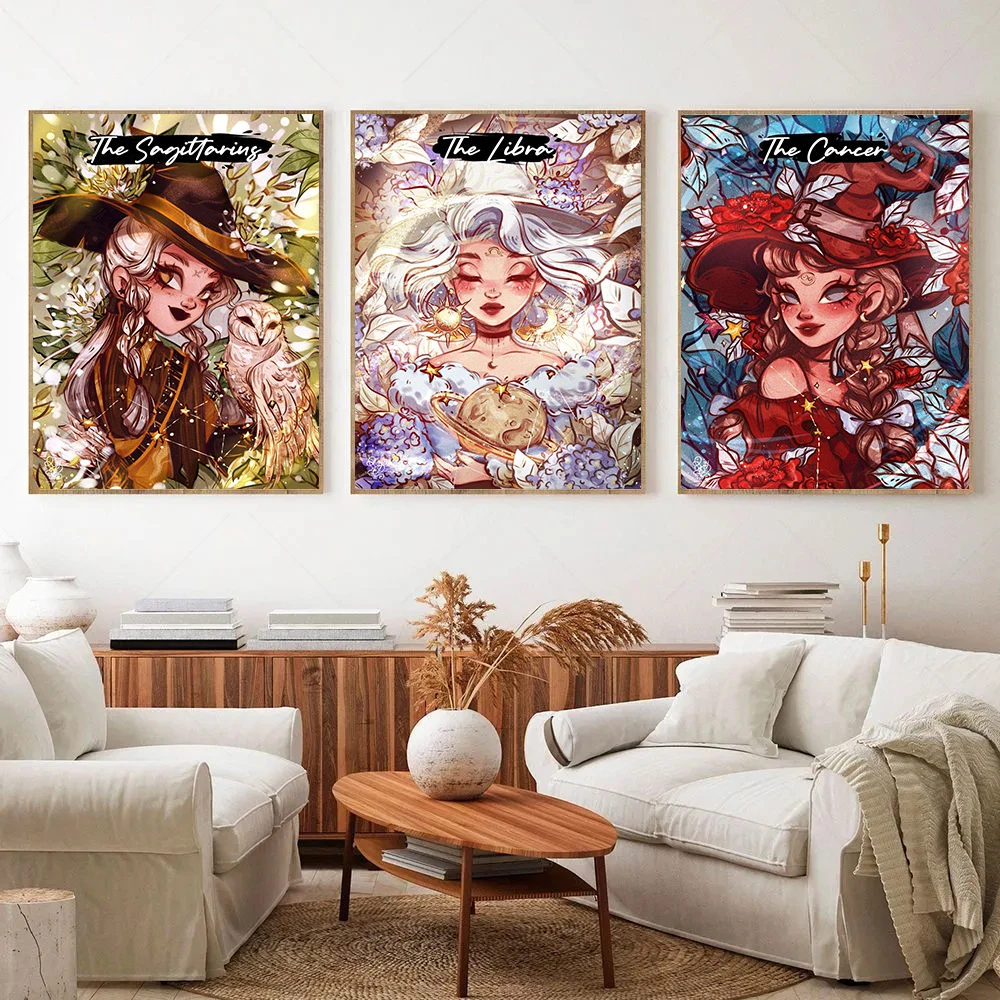 Constellation Glamour Magic Flower Witch Illustration Virgo Libra Poster Canvas Painting Wall Art Pictures Home Room Decor Gift