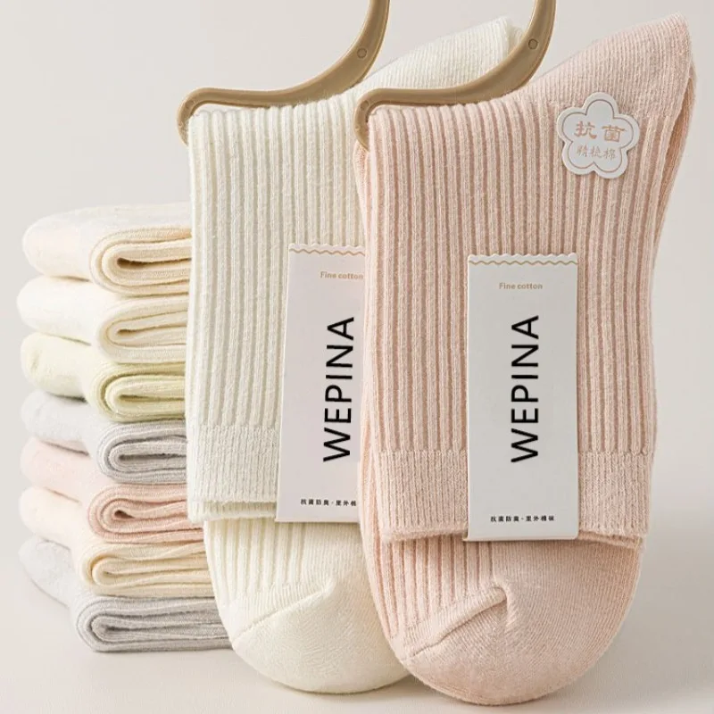 

5 Pairs Women's Cotton Socks Autumn Winter Knit Mid-Calf Woman Grip Socks Warm Cozy School Socks for Girls Wholesale Hosiery