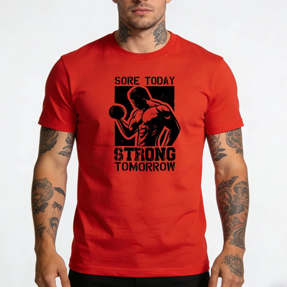 Gym Workout T Shirt Men Sore Today Strong Tomorrow Dumbbell Graphic Tee Short Sleeve Fitness Casual Bodybuilder Gift