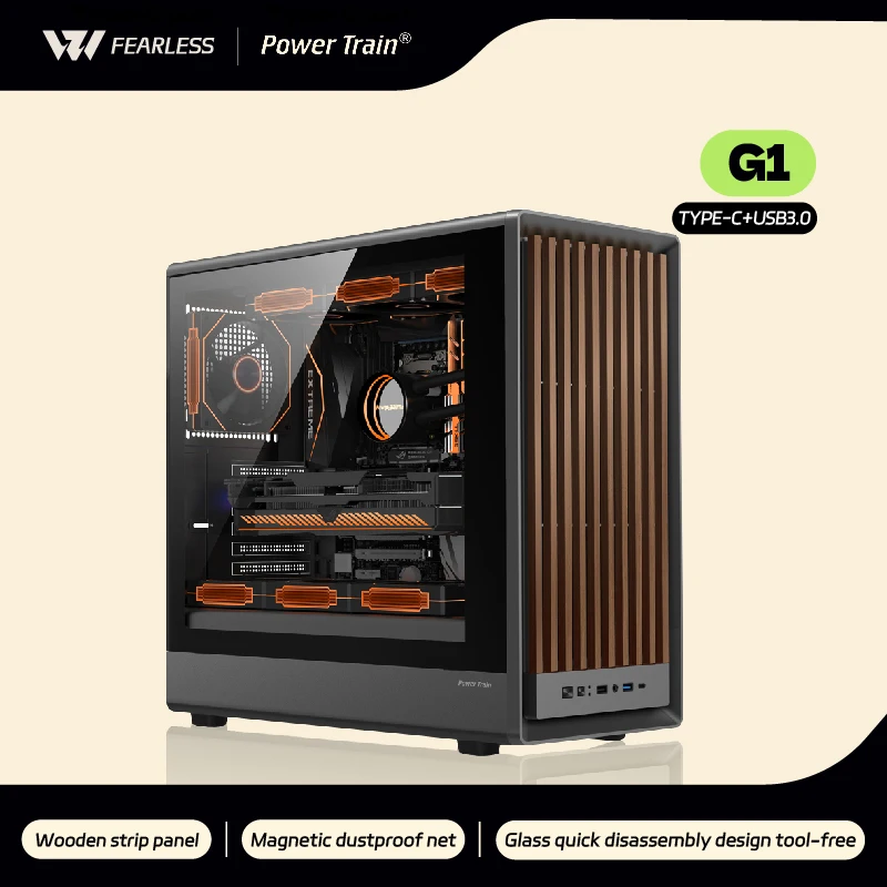 Power Train Zhenjie G1 PC Case MATX Wooden Panel Glass Side-Transparent Support 240/360 Water-Cooled Computer Case TYPE-C Port
