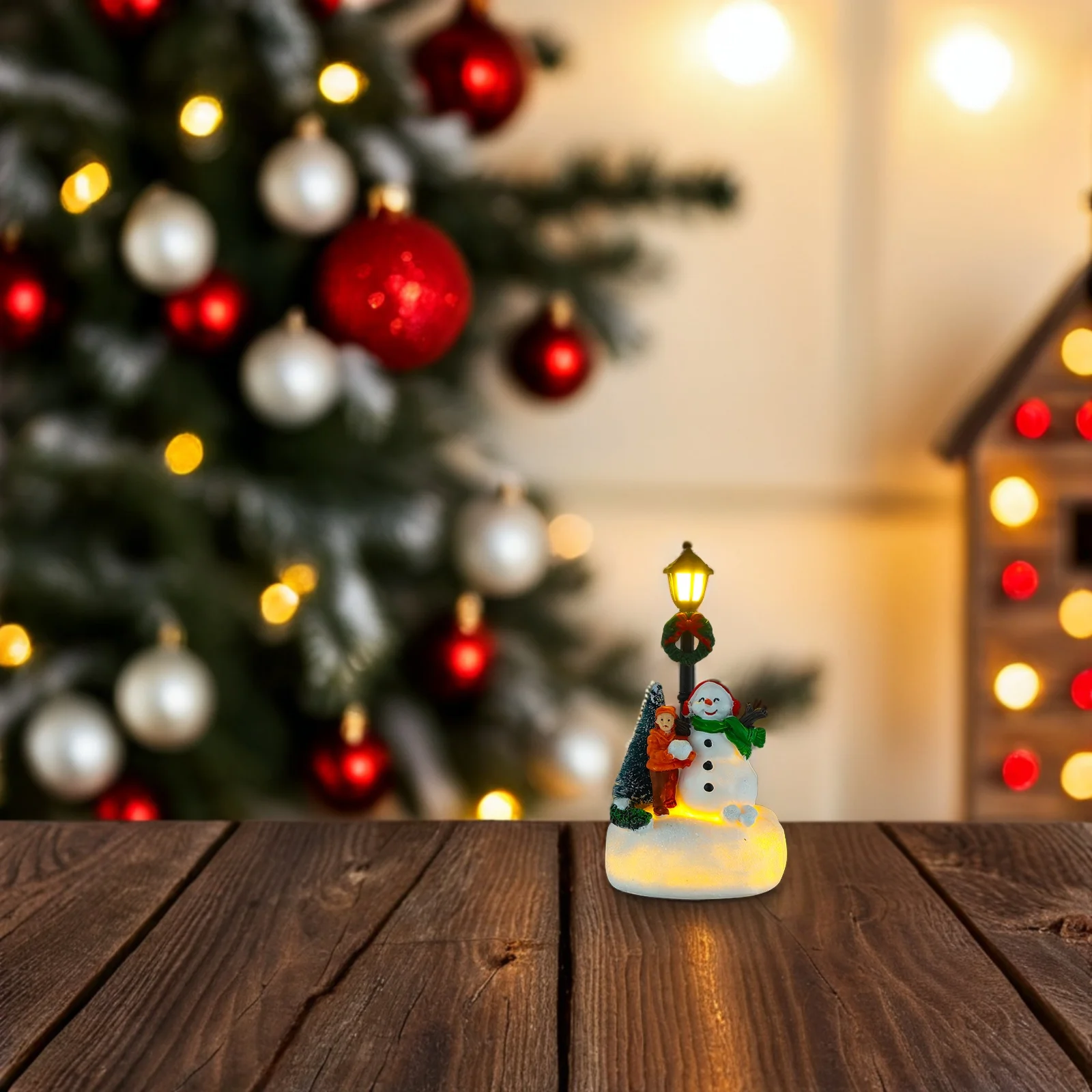 

Christmas Table Centerpieces Resin Snowman Light Up Streetlights LED Operated Glowing Lamppost Desk Ornaments