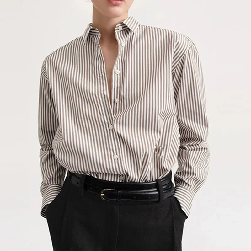 

2025 New Women's Vertical Striped Shirt, Short Front and Back, Short, Vertical Striped Shirt, Loose Long Sleeve, Commuter Style