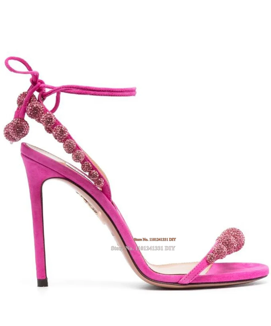 Rose Pink Balls Crystal Embellishment Lace Up Fastening Thin High Heel Stiletto Sandals Women Straps Prom Shoes