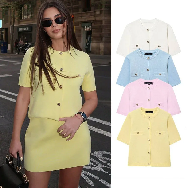 

Женский вязаный кардиган с коротким рукавом, летняя шикарная уличная одежда, однобортные топы с круглым вырезом, однотонный женский повседневный свободный трикотаж