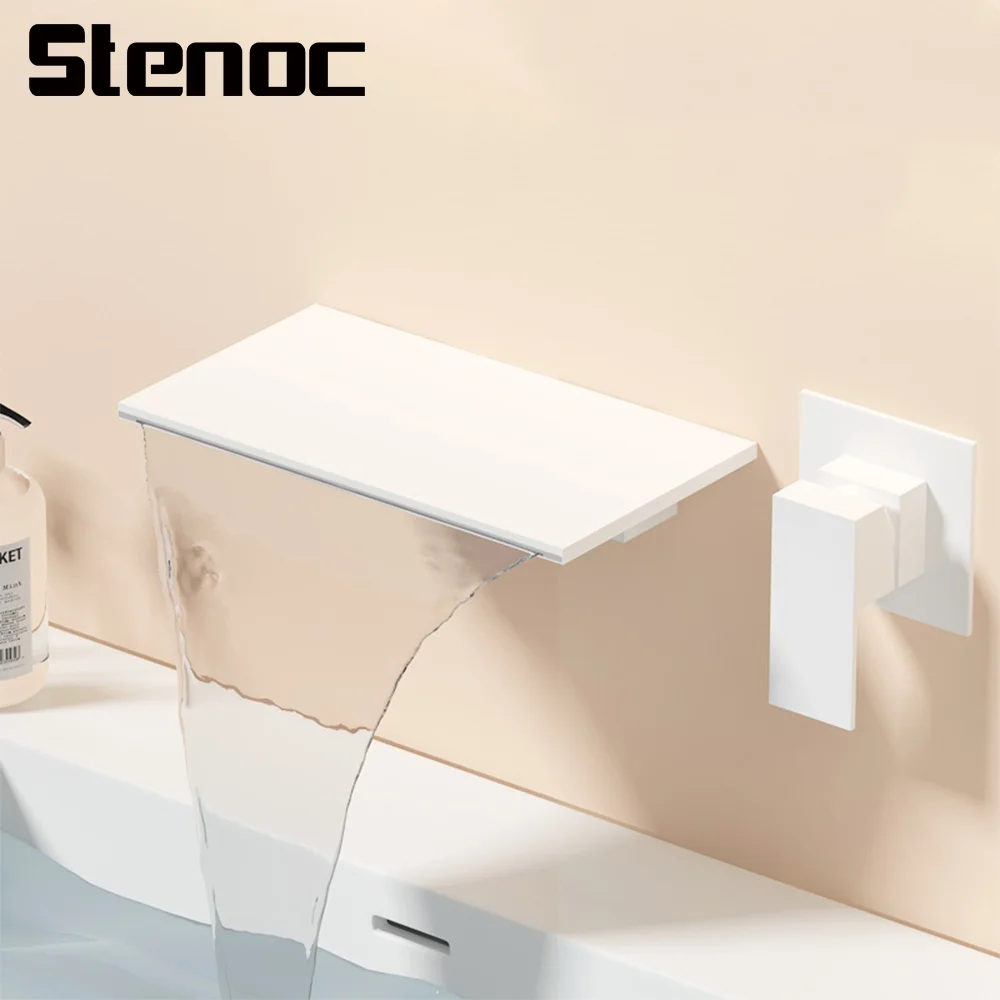 Stenoc Simple Hot&Cold Brass Bathroom Concealed Wall Mounted Waterfall Basin Faucet Single Lever Wash Basin Faucets White/Black