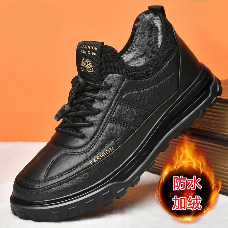 New Warm Men's Plush Thick Cotton Shoes Casual Shoes Elderly Shoes Soft soled Dad Cotton Leather Shoes Snow Boots