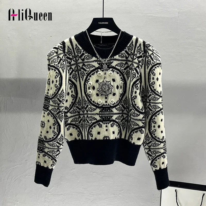 

High-end Women Vintage Beading Diamonds Cropped Knit Pullovers Korean Casual Jumper O-neck Knitted Sweater Tops Sueter Mujer