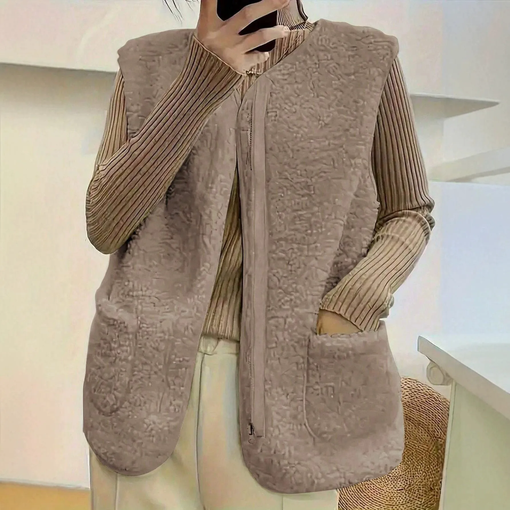 Round Neck Pocket Style Vest Regular Length Japanese Korean Casual with Regular Fit Single Row Multi Button Closure Women Vest