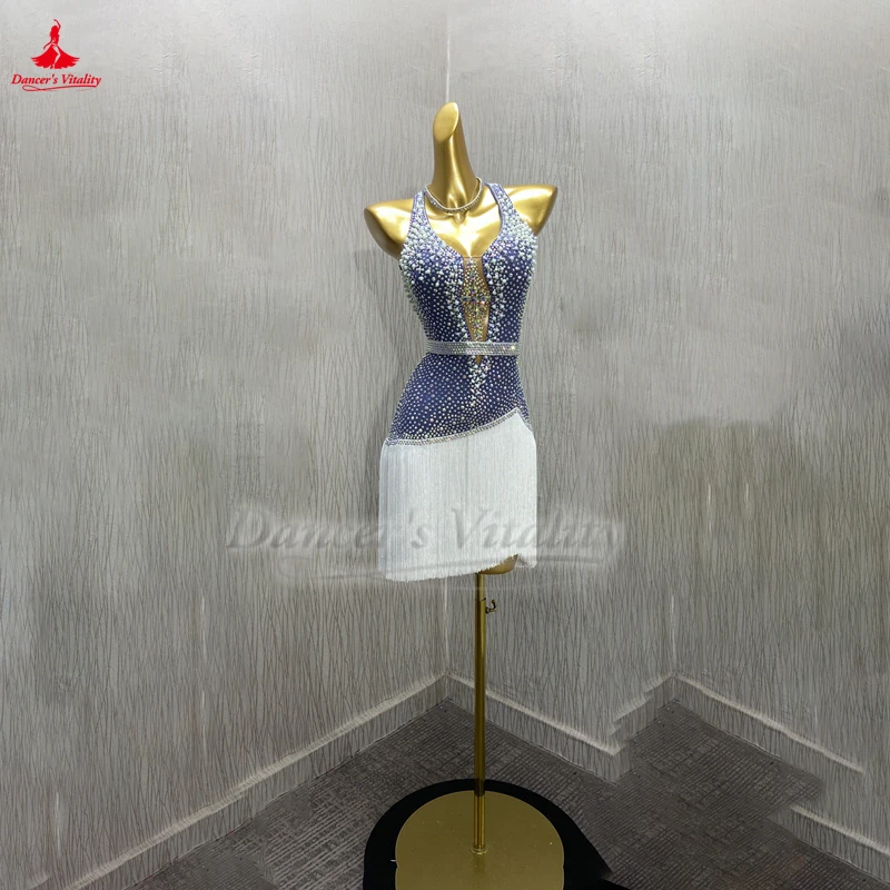 Adult Chacha Samba Rumba Jive Performances and Competitions Clothing Customization High-end Luxury Fully AB Stones Tassels Dress