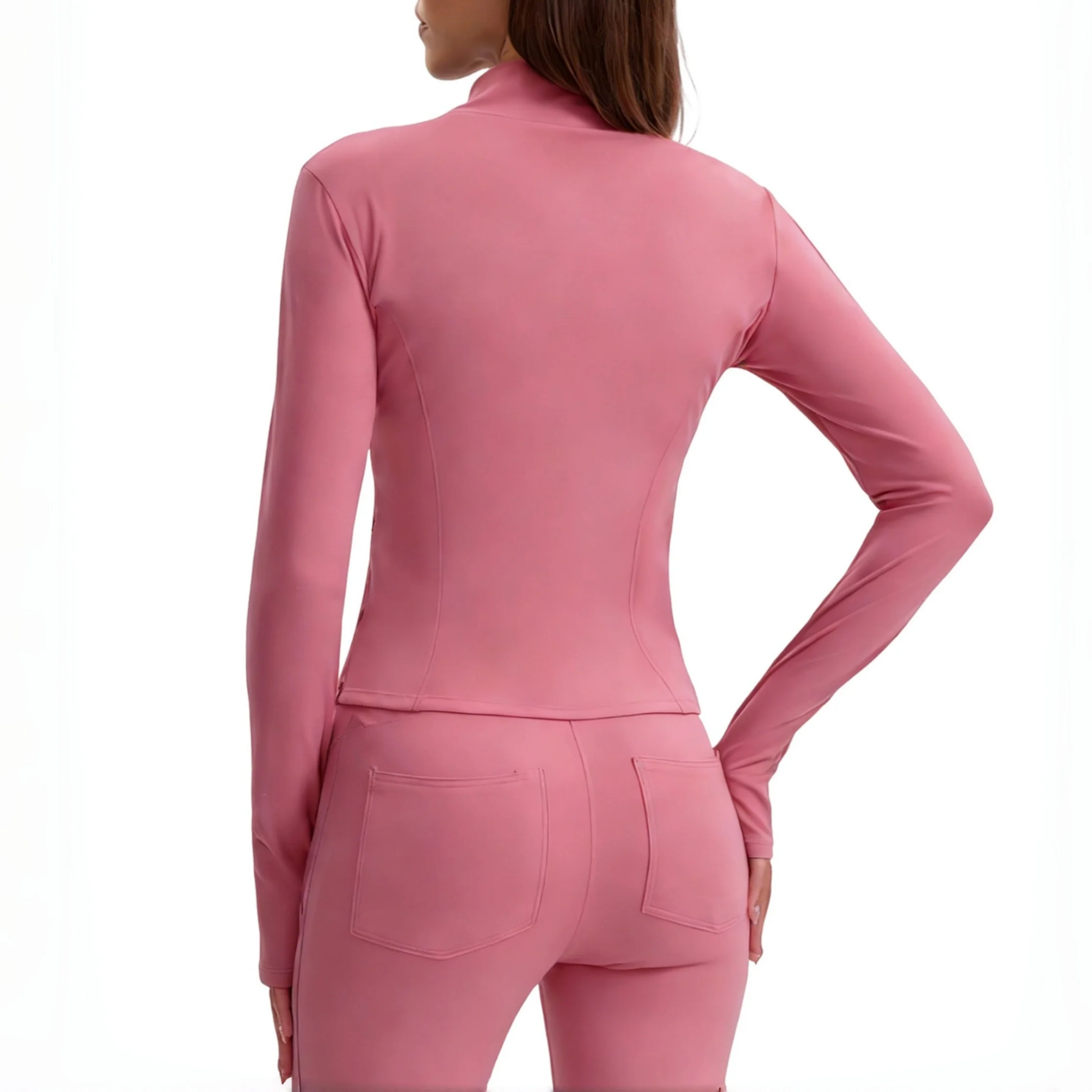 Women Stand Collar Yoga Jacket, Full Zip Slim Fit Workout Top With Flap Pockets & Thumb Holes, Quick Dry Sports Jacket