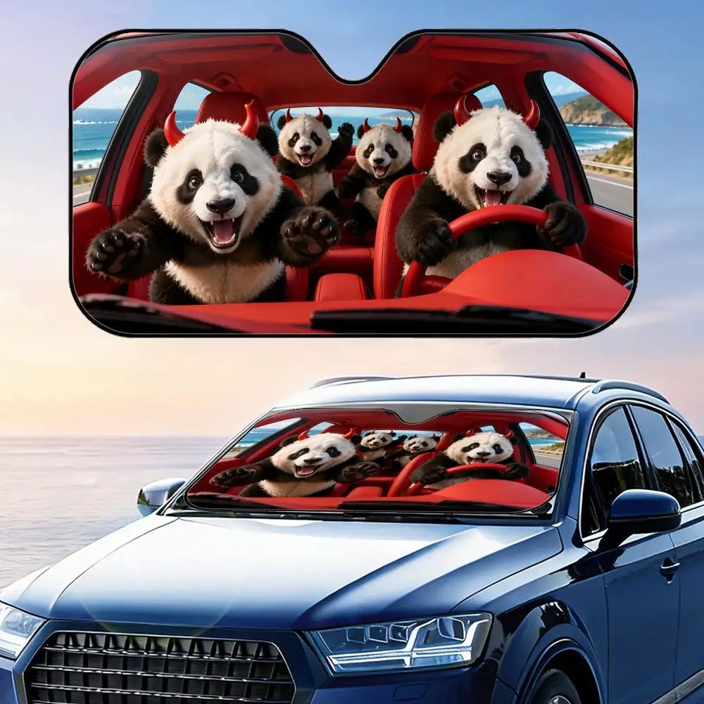

Funny Panda with Devil Horns Sun Visor Car Windshield Sunshade UV Protection Reflective Foldable Heat Insulation Cover
