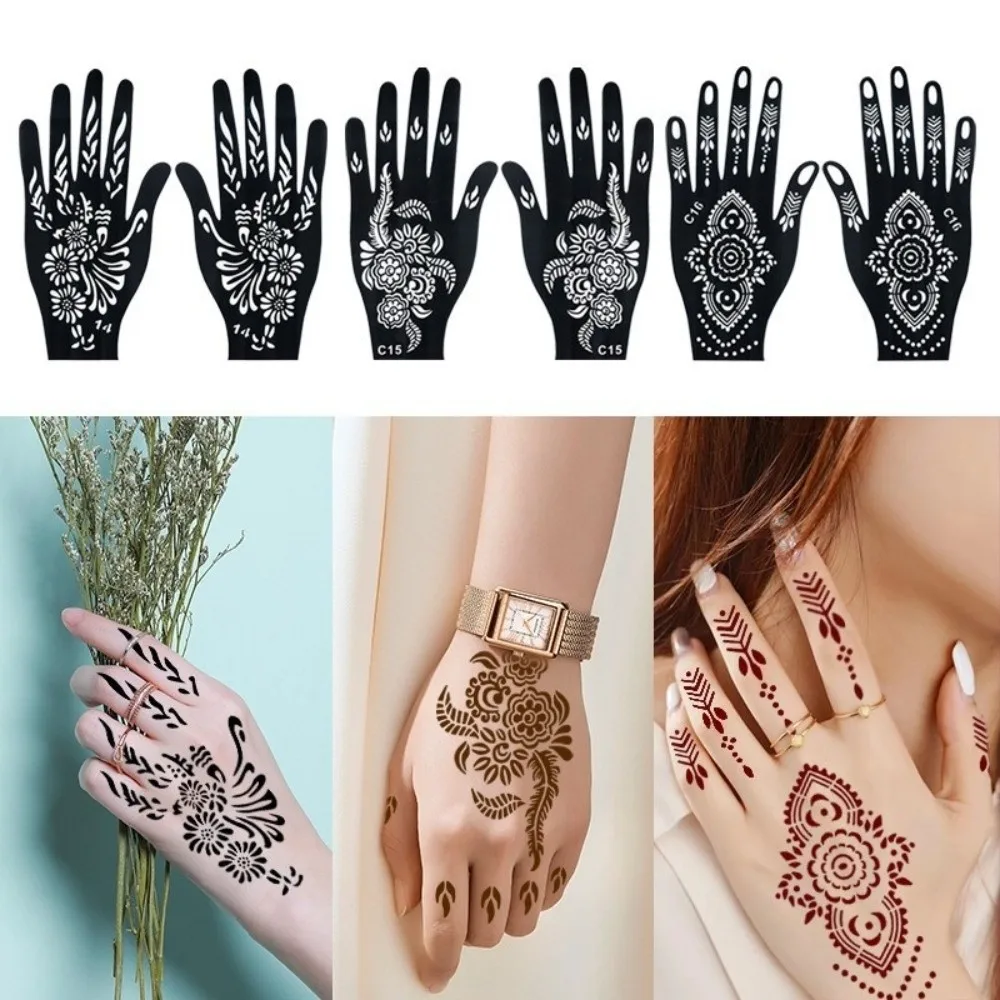 Reusable Hollow Henna Hand Stencils Self-Adhesive Fine Line Pattern Flower Finger Stencils Reusable Templates Festival