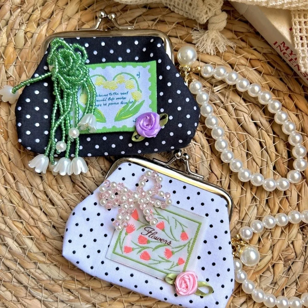 Cute Polka Dots Coin Purse Kiss Lock Sparkly Sequins Small Cosmetic Bag with Detachable Pearl Chain Mini Storage Pouch