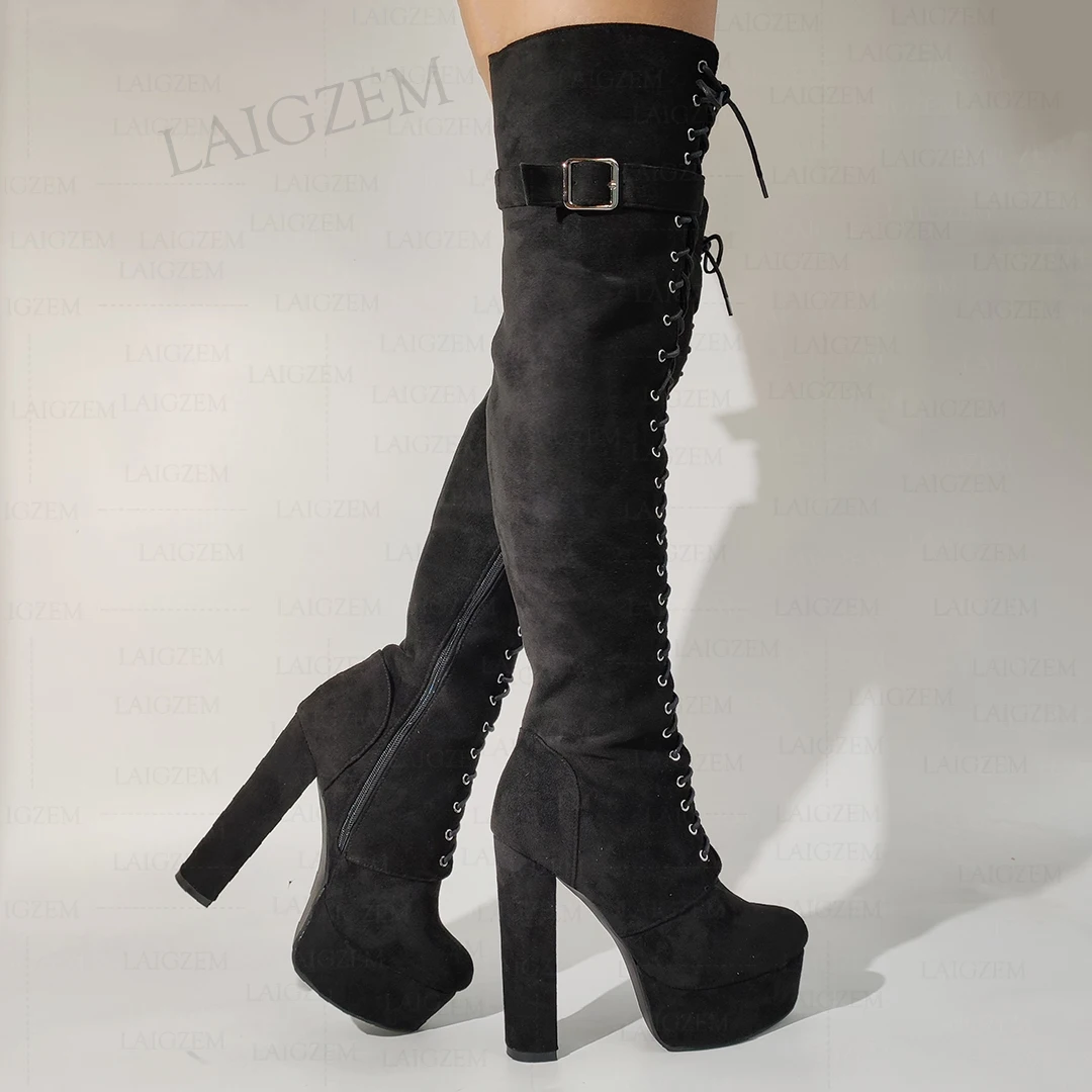 LAIGZEM Women Over Knee High Boots Platform Faux Suede Thick High Heels Boots Handmade Ladies Shoes Woman Big Size 42 43 45 52