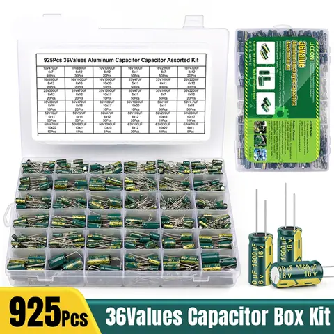 15/24/36 Values 225/460/925Pcs Aluminum Electrolytic Capacitors 16V-50V Electrolytic Capacitor Assortment Kit with Storage Box