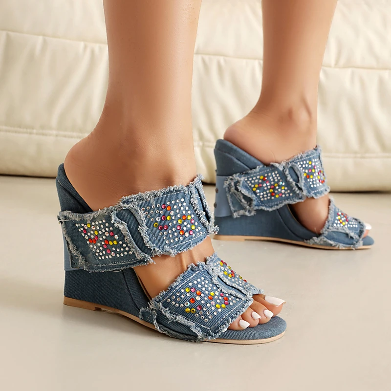 

New Summer Denim Increased Height Wedge High Heels Slippers Women Open Toe Fashion Rhinestone Beach Slides Shoes Female Big Size