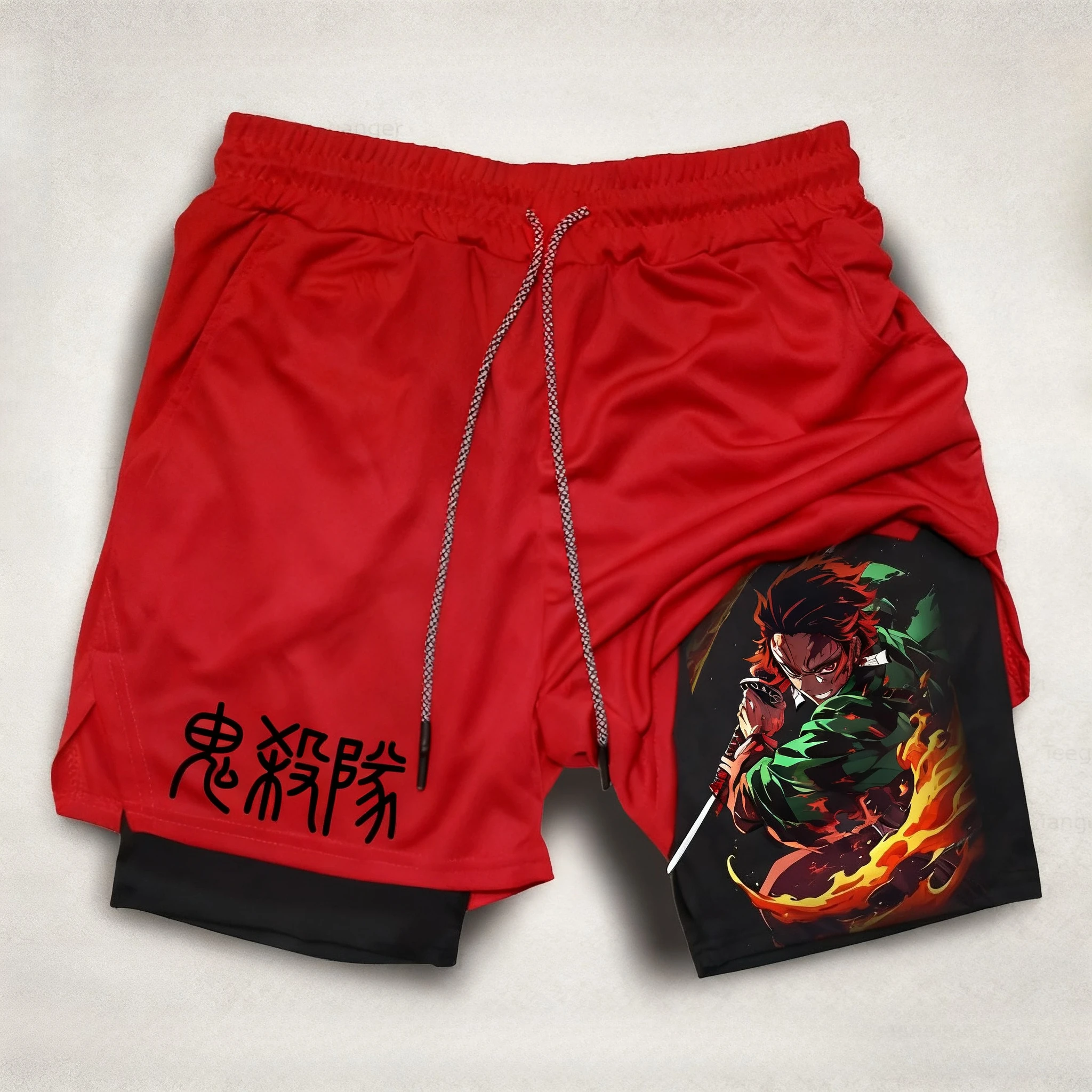 Pantalones cortos de doble capa con estampado de anime Demon Slayer, pantalones cortos deportivos americanos de verano para fitness, sueltos y de moda para hombres y mujeres