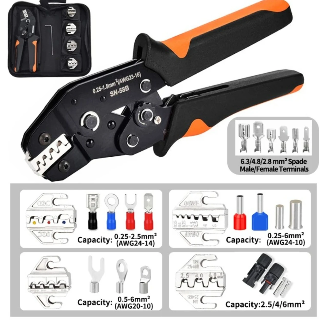 Electrical Tool SN-58B Crimping Pliers Kit Quick Jaw Replacement for Tab 2.8/4.8/6.3/Tube/Photovoltaic/Insuated/Dupont