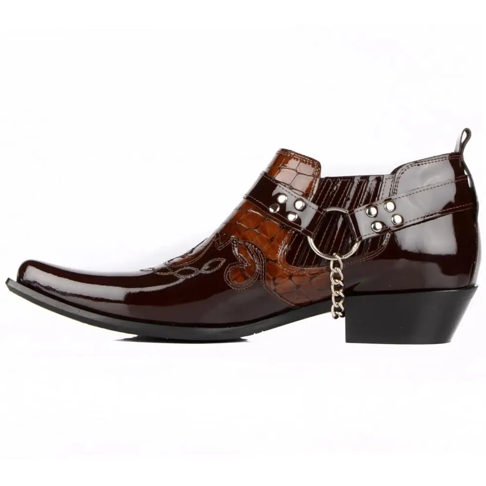 FootCourt Men Cowboy Boots Brown Patent Genuine Leather New Collection Pointed Toe Riding Short Boot Handmade military Model