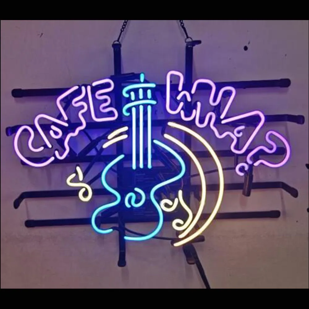 Cafe WHA Guitar Music Notes Neon Sign Custom Handmade Real Glass Tube Bar Store Advertise Room Decor Display Neon Lamp 19"X15"