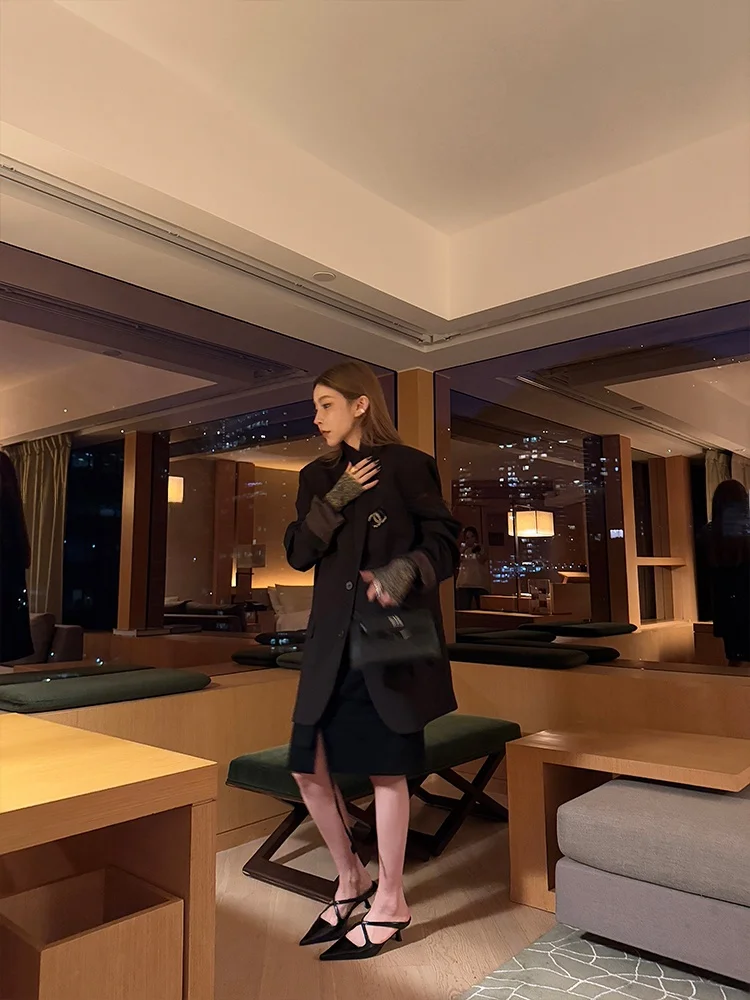 

MSKIN6 Women's Wool Blend Suit Jaet oulder Pad Busin Commute Slimming Outerwear Long Sve Mid-Length Loose Fit