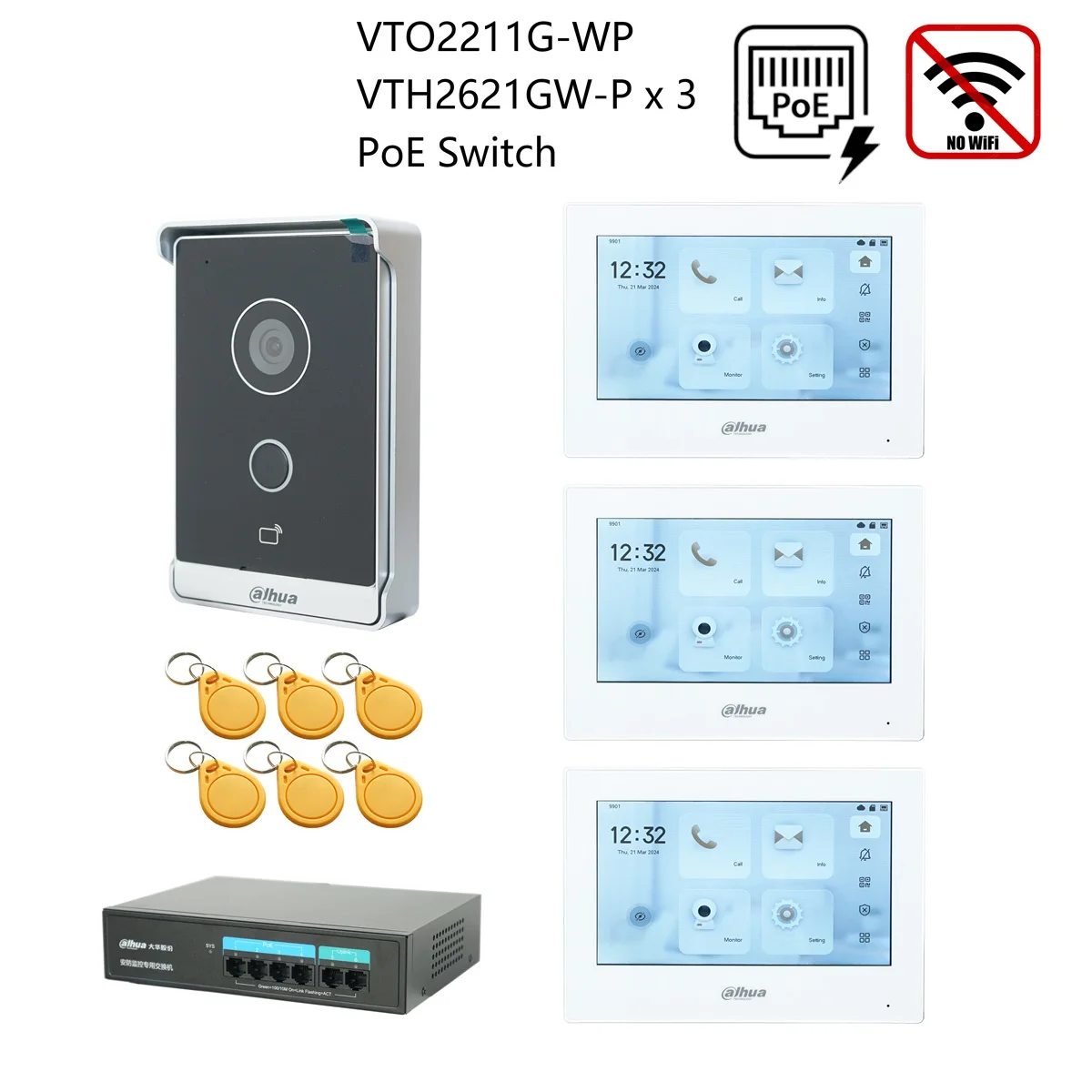 Dahua originele IP Video Intercom KIT, VTO2211G-WP & VTH2621G-P & PoE schakelaar, ondersteuning telefoon app, RFID Card Ontgrendelen - afbeelding 1