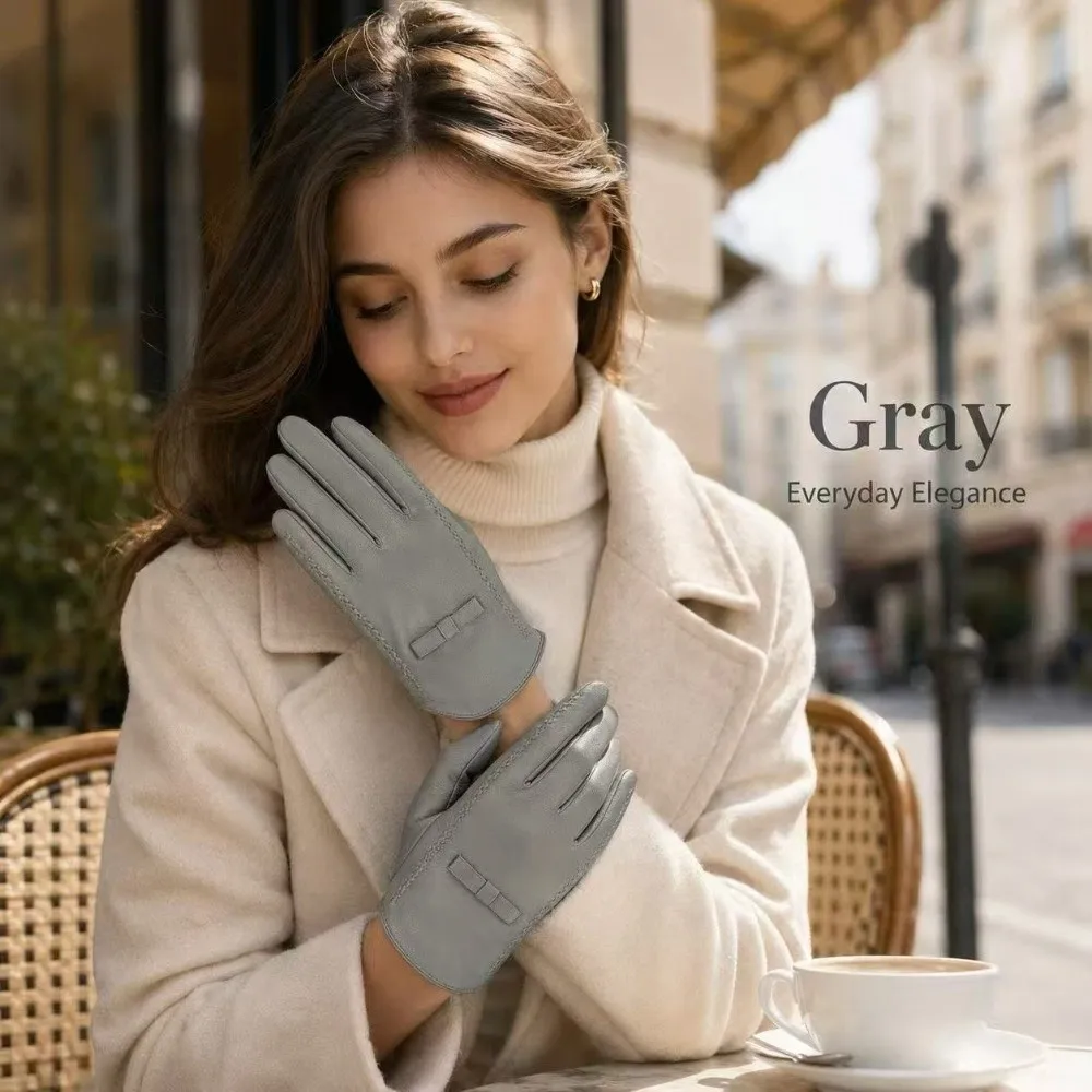 1Pairs Elegant Leather Leather Gloves Windproof Fleece Lining Winter Gloves Warm Cold Resistant Cycling Gloves Winter
